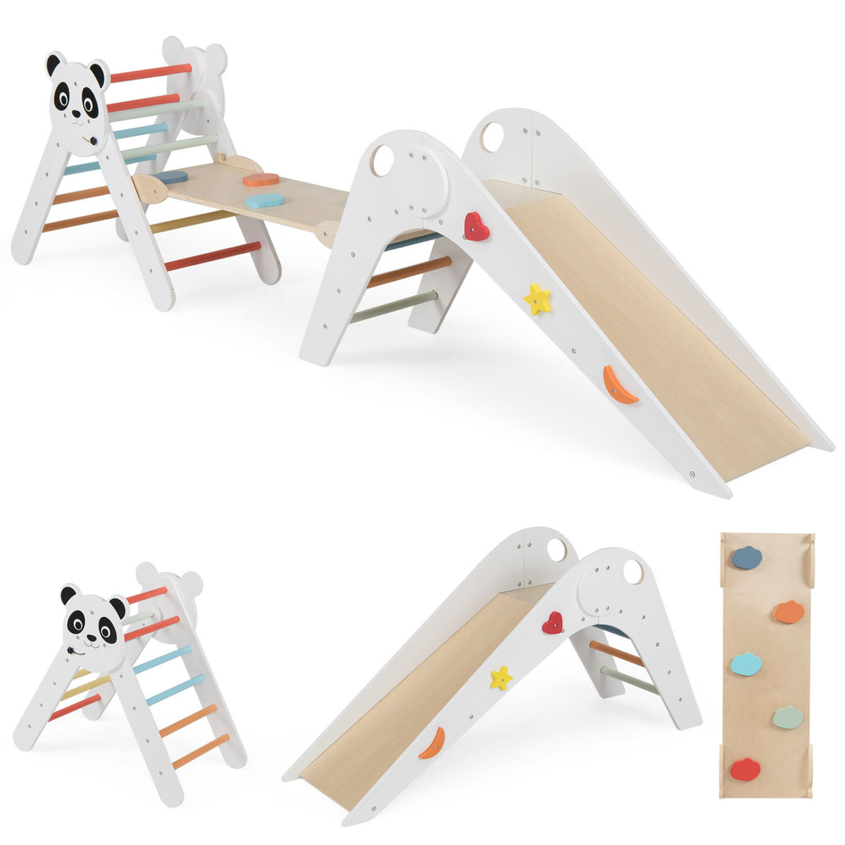 Triangle Set Foldable Kids Climbing Toys Panda-Themed Wood Montessori Climbing Set-Multicolor