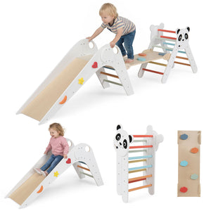 Triangle Set Foldable Kids Climbing Toys Panda-Themed Wood Montessori Climbing Set-Multicolor
