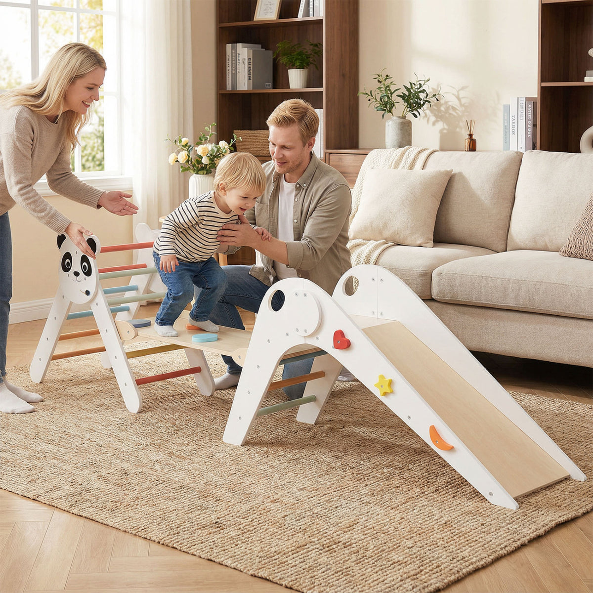 Triangle Set Foldable Kids Climbing Toys Panda-Themed Wood Montessori Climbing Set-Multicolor