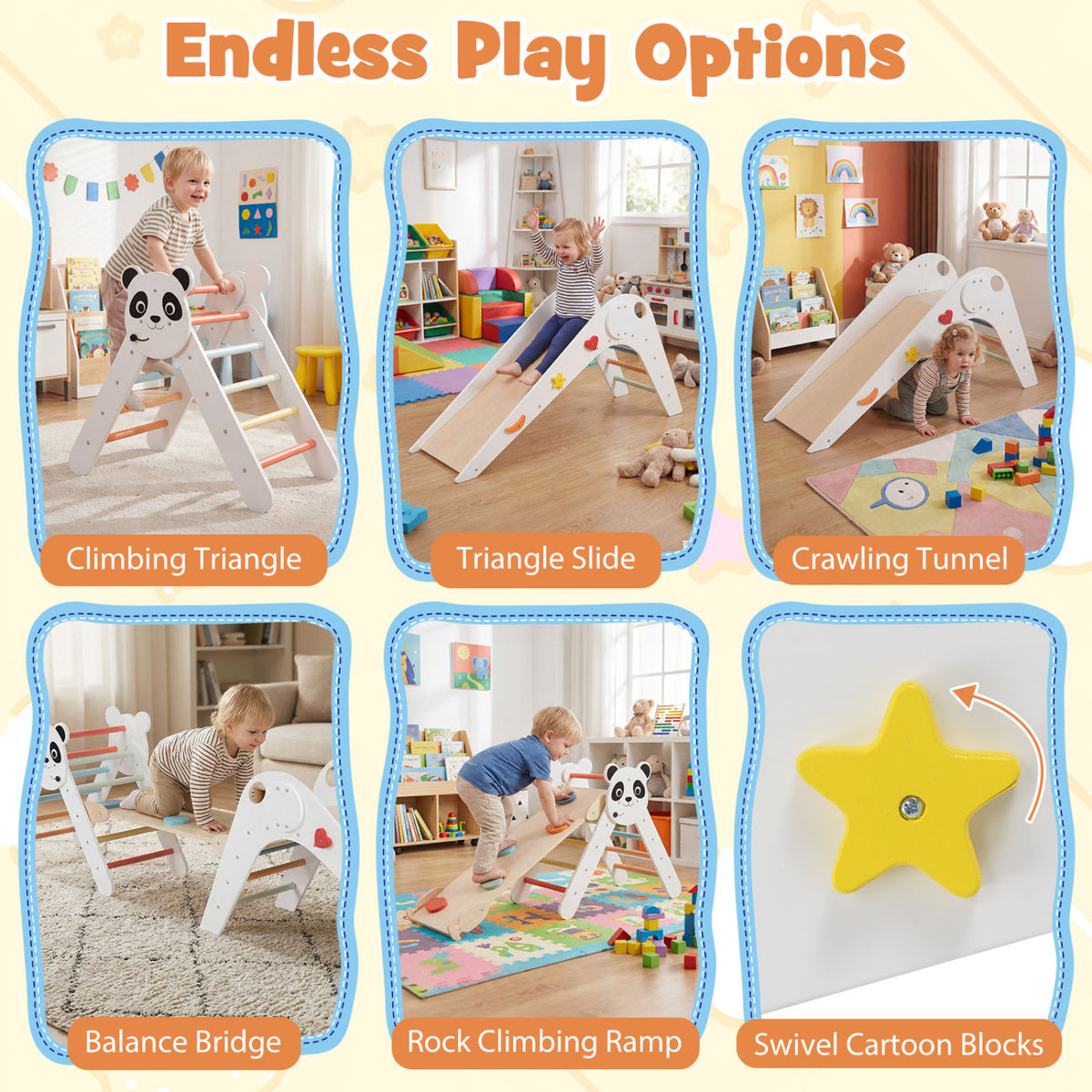 Triangle Set Foldable Kids Climbing Toys Panda-Themed Wood Montessori Climbing Set-Multicolor