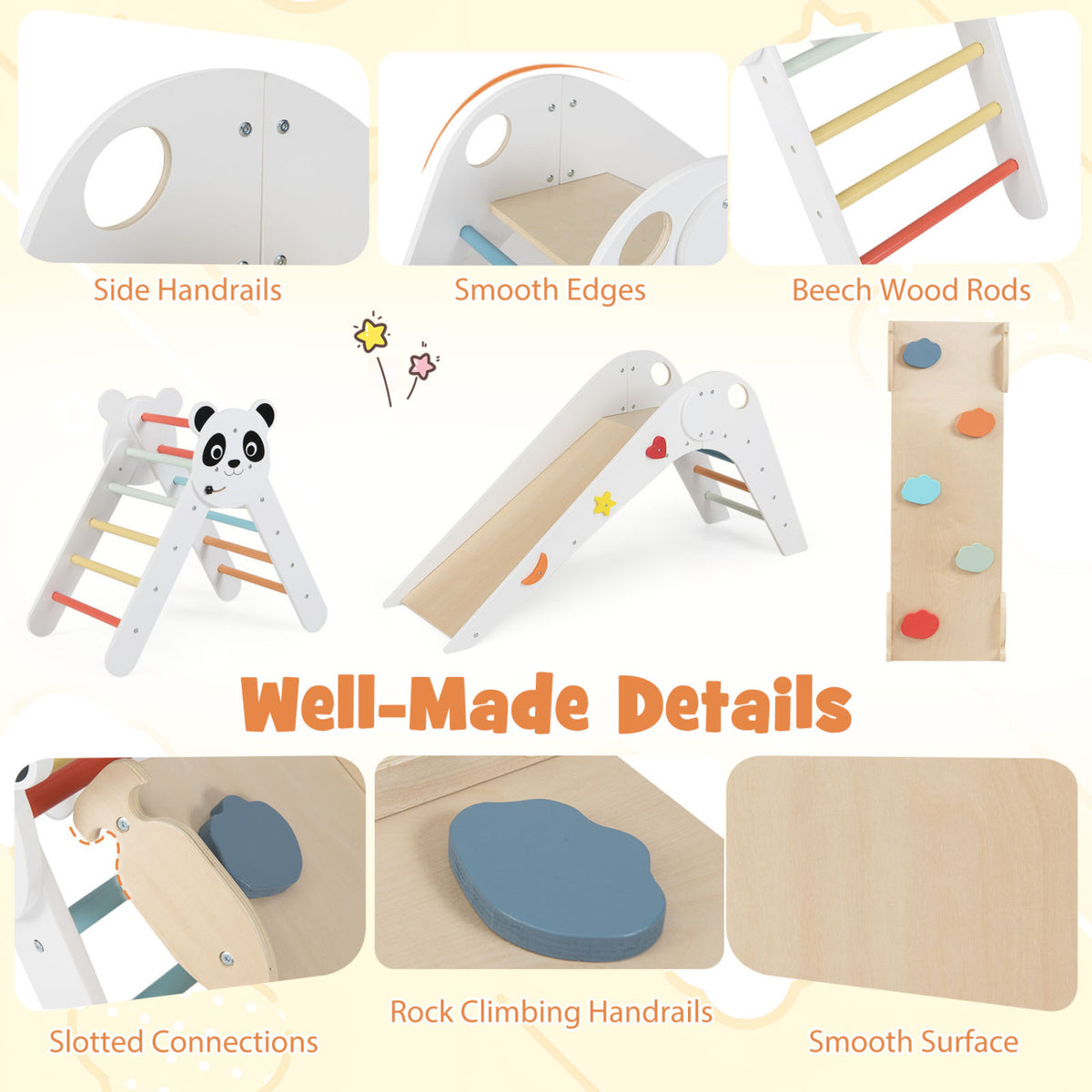 Triangle Set Foldable Kids Climbing Toys Panda-Themed Wood Montessori Climbing Set-Multicolor