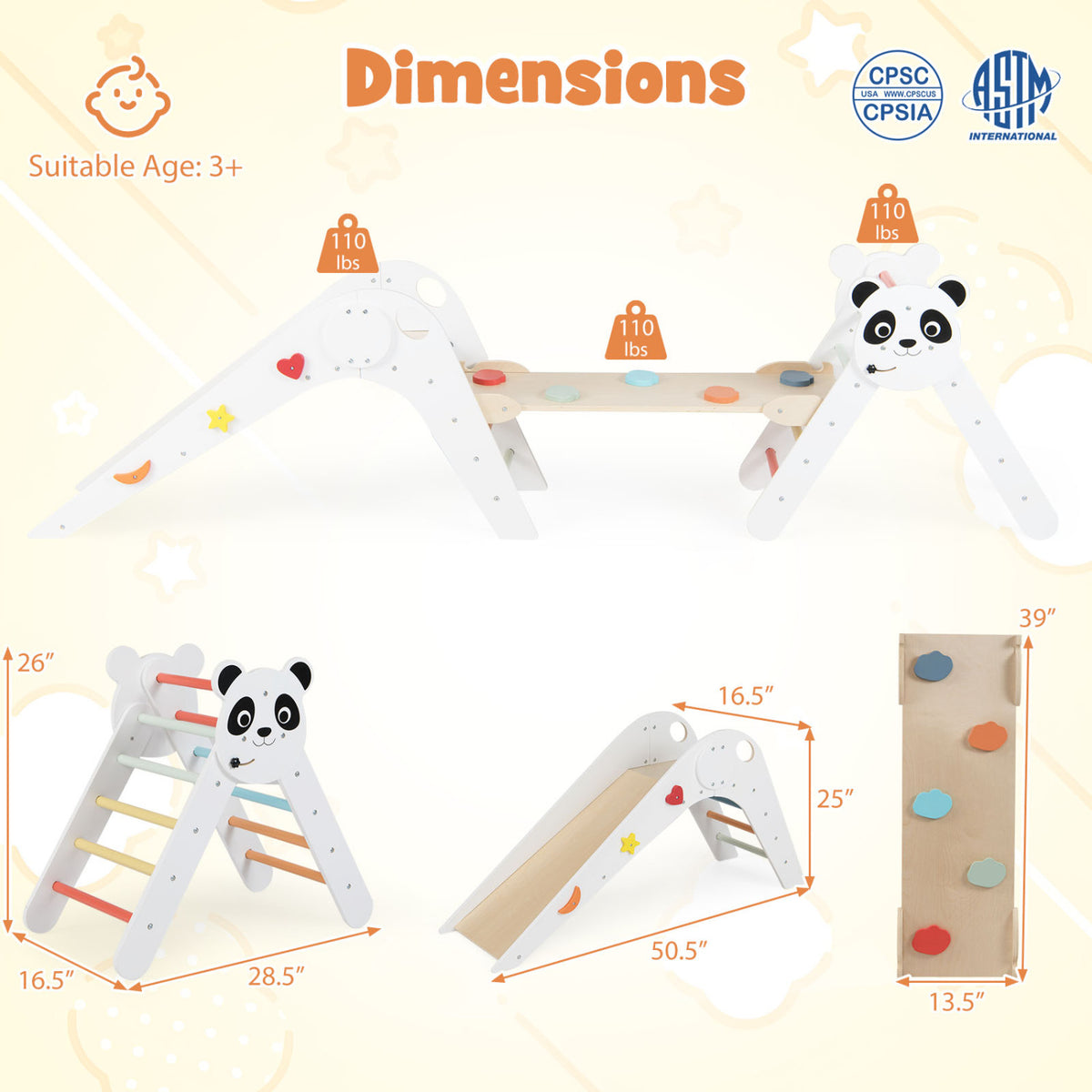 Triangle Set Foldable Kids Climbing Toys Panda-Themed Wood Montessori Climbing Set-Multicolor