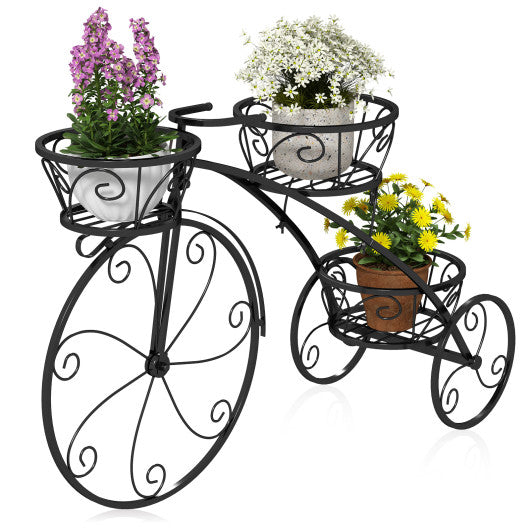Tricycle Plant Stand Flower Pot Cart Holder with 3 Hollowed Baskets-Black