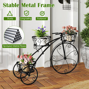 Tricycle Plant Stand Flower Pot Cart Holder with 3 Hollowed Baskets-Black
