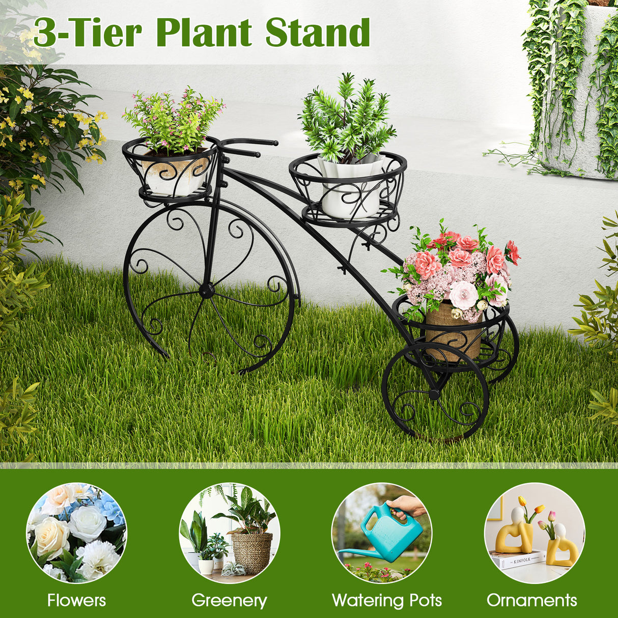 Tricycle Plant Stand Flower Pot Cart Holder with 3 Hollowed Baskets-Black