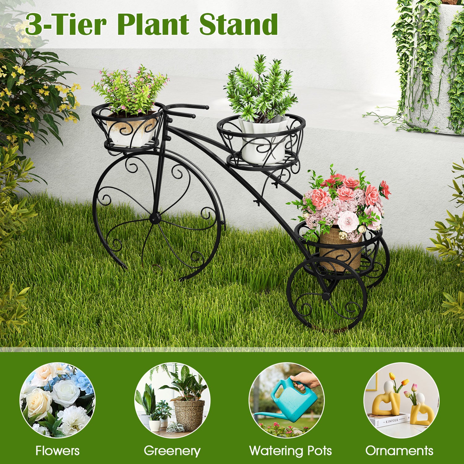 Tricycle Plant Stand Flower Pot Cart Holder with 3 Hollowed Baskets-Black