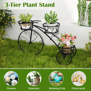 Tricycle Plant Stand Flower Pot Cart Holder with 3 Hollowed Baskets-Black