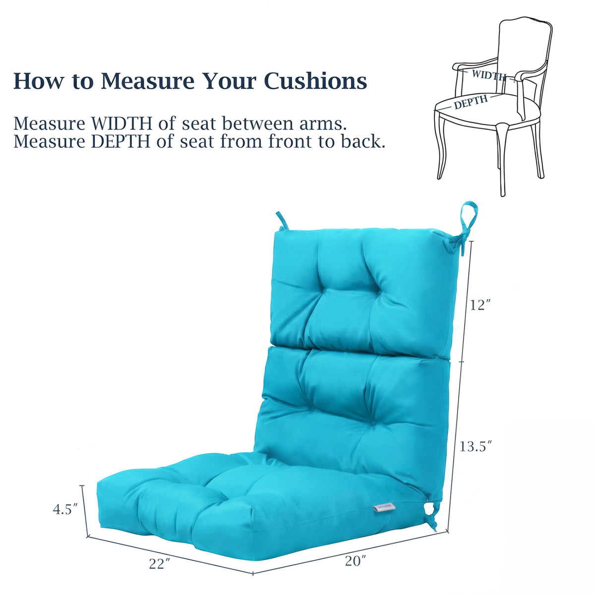 Tufted Patio High Back Chair Cushion with Non-Slip String Ties-Turquoise
