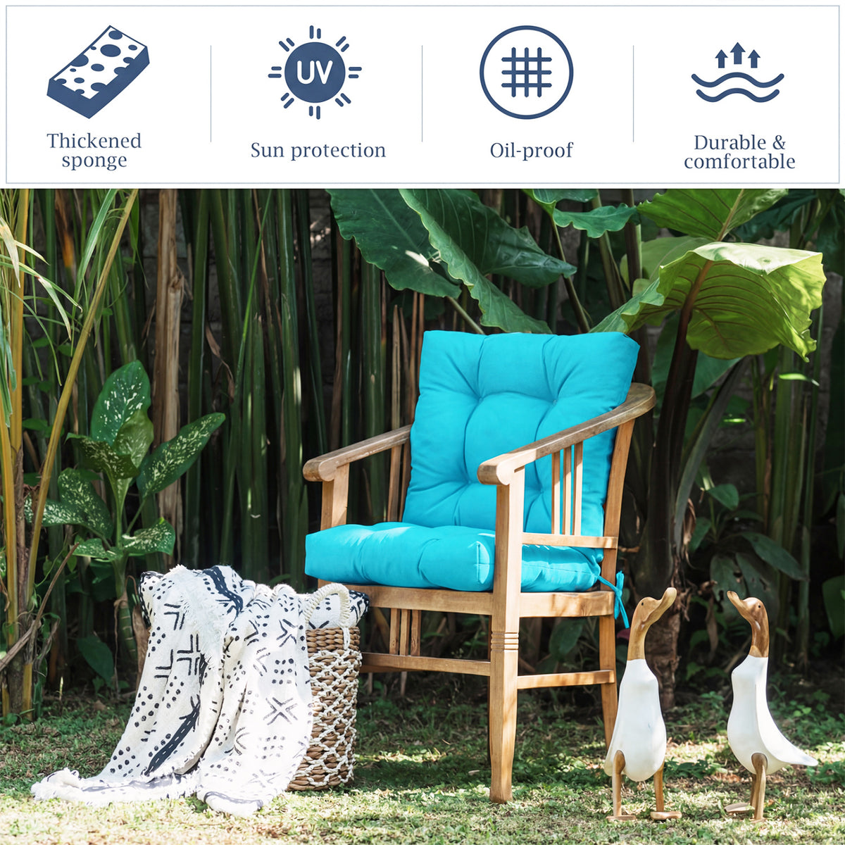 Tufted Patio High Back Chair Cushion with Non-Slip String Ties-Turquoise