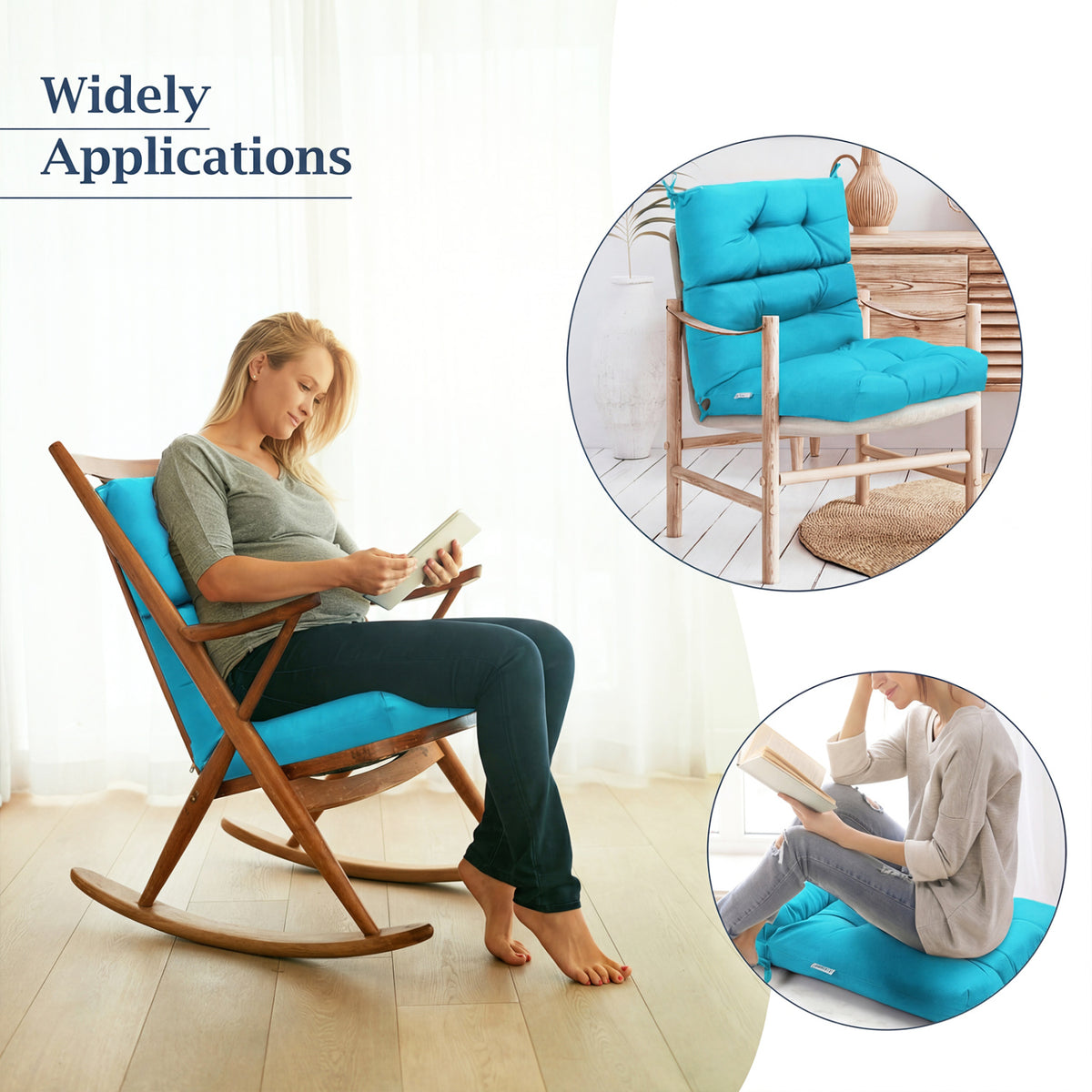 Tufted Patio High Back Chair Cushion with Non-Slip String Ties-Turquoise