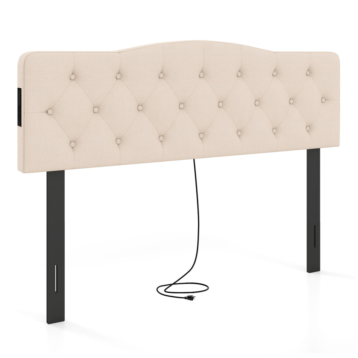 Tufted Upholstered Head Board for Queen and Full Size Bed with 2 AC Outlets-Beige