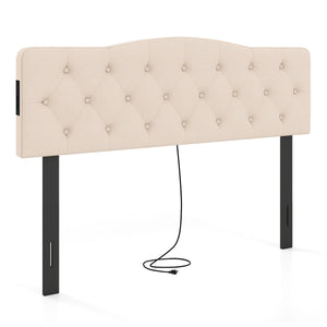 Tufted Upholstered Head Board for Queen and Full Size Bed with 2 AC Outlets-Beige