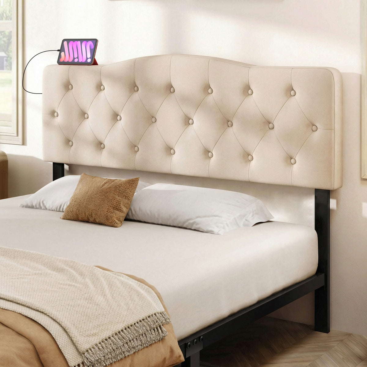 Tufted Upholstered Head Board for Queen and Full Size Bed with 2 AC Outlets-Beige