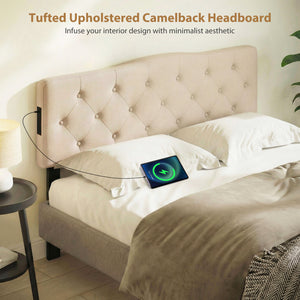 Tufted Upholstered Head Board for Queen and Full Size Bed with 2 AC Outlets-Beige