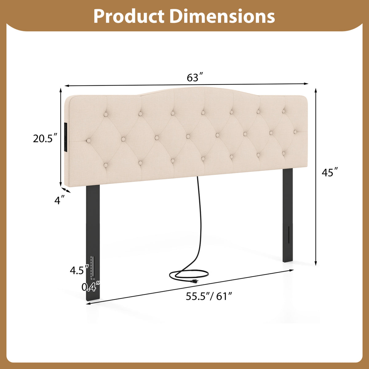 Tufted Upholstered Head Board for Queen and Full Size Bed with 2 AC Outlets-Beige