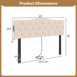Tufted Upholstered Head Board for Queen and Full Size Bed with 2 AC Outlets-Beige