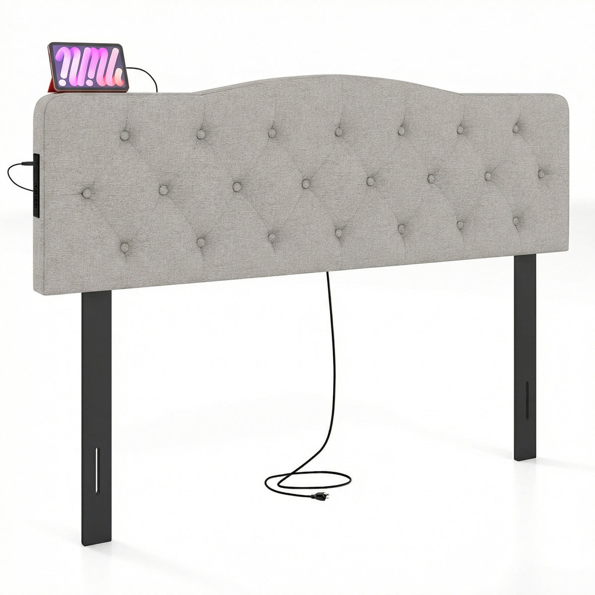 Tufted Upholstered Head Board for Queen and Full Size Bed with 2 AC Outlets-Gray