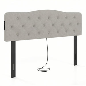 Tufted Upholstered Head Board for Queen and Full Size Bed with 2 AC Outlets-Gray
