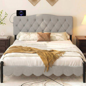 Tufted Upholstered Head Board for Queen and Full Size Bed with 2 AC Outlets-Gray