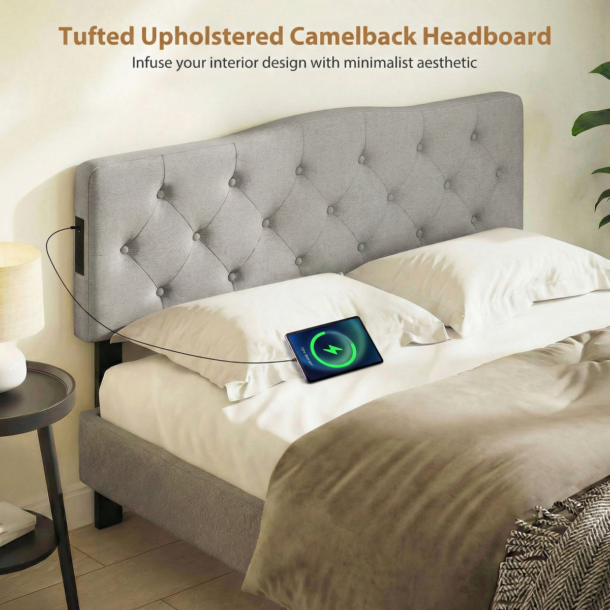 Tufted Upholstered Head Board for Queen and Full Size Bed with 2 AC Outlets-Gray
