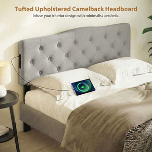 Tufted Upholstered Head Board for Queen and Full Size Bed with 2 AC Outlets-Gray
