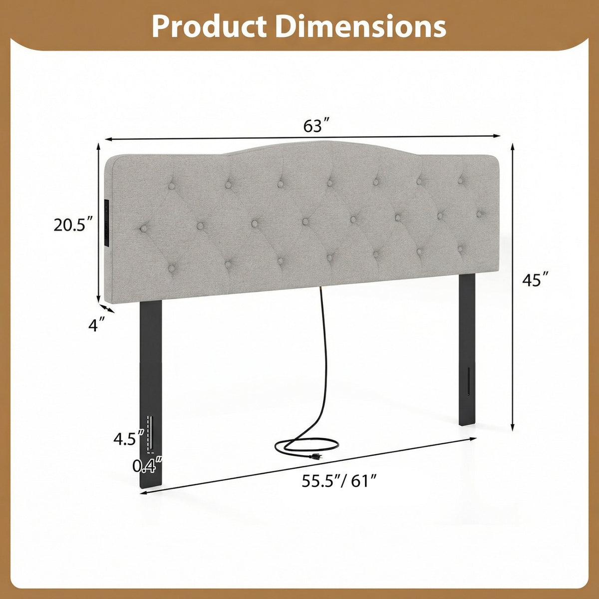 Tufted Upholstered Head Board for Queen and Full Size Bed with 2 AC Outlets-Gray