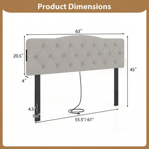 Tufted Upholstered Head Board for Queen and Full Size Bed with 2 AC Outlets-Gray