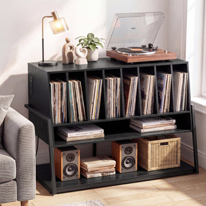 Turntable Stand with Charging Station and Vinyl Storage Shelves-Black