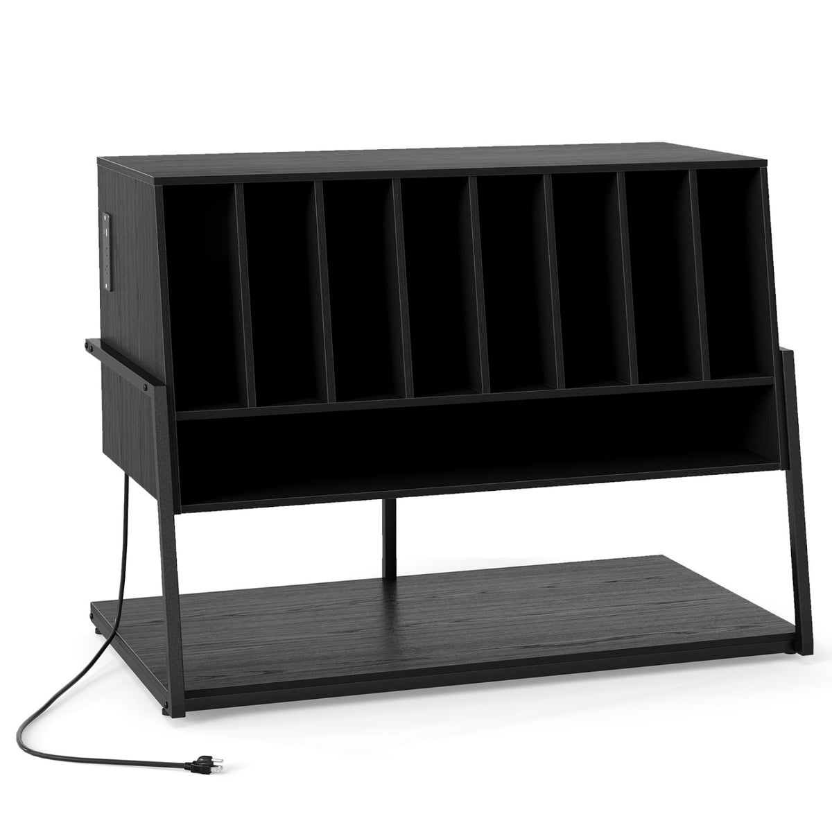Turntable Stand with Charging Station and Vinyl Storage Shelves-Black