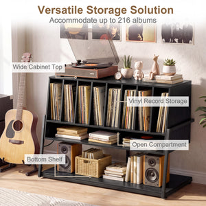 Turntable Stand with Charging Station and Vinyl Storage Shelves-Black