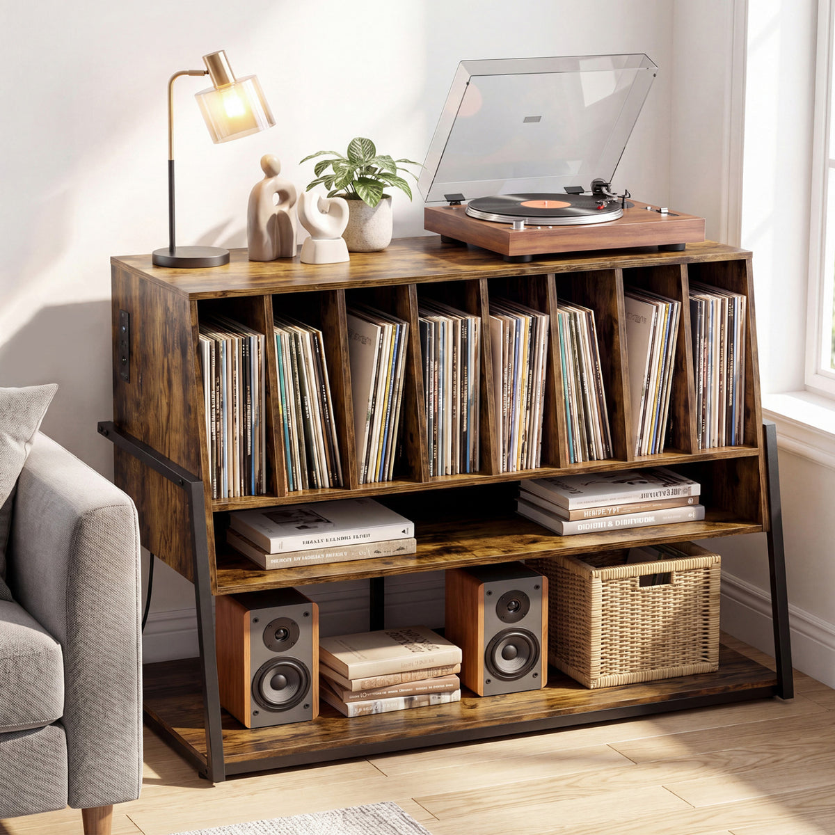 Turntable Stand with Charging Station and Vinyl Storage Shelves-Rustic Brown