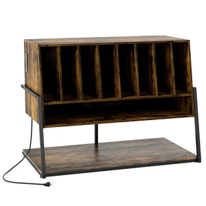 Turntable Stand with Charging Station and Vinyl Storage Shelves-Rustic Brown
