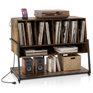 Turntable Stand with Charging Station and Vinyl Storage Shelves-Rustic Brown