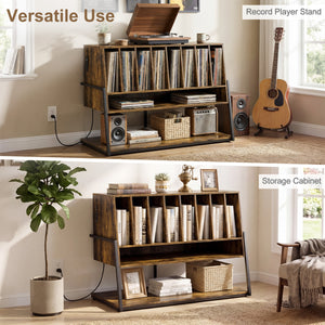 Turntable Stand with Charging Station and Vinyl Storage Shelves-Rustic Brown