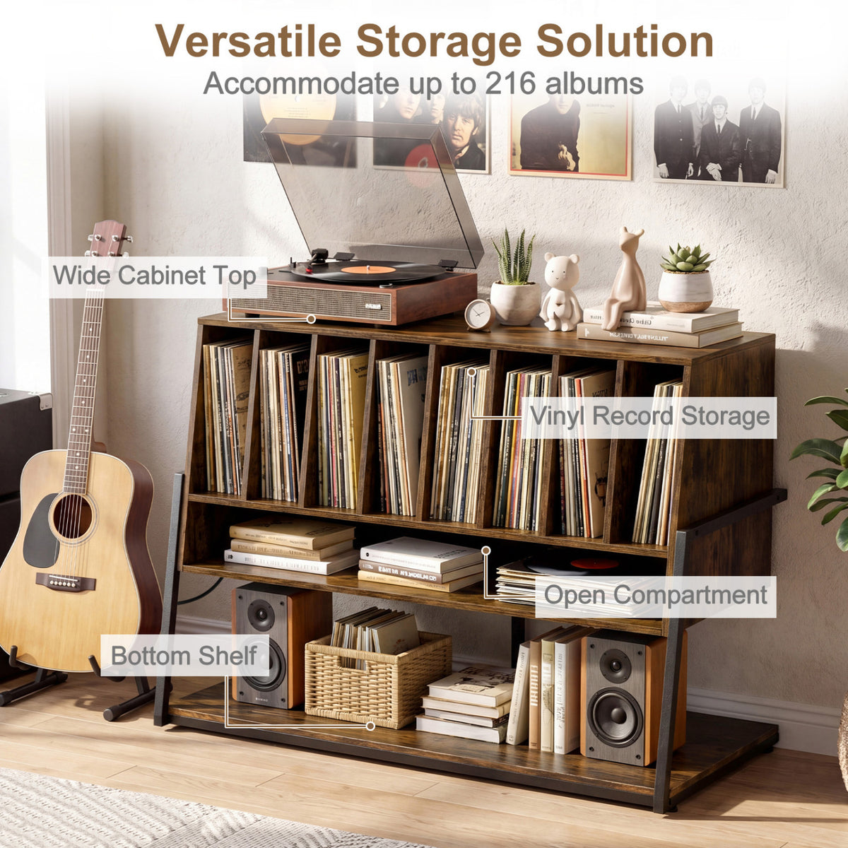 Turntable Stand with Charging Station and Vinyl Storage Shelves-Rustic Brown