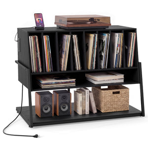 Turntable Stand with Charging Station and Vinyl Storage Shelves-Black