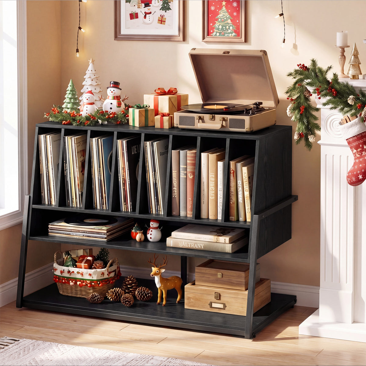 Turntable Stand with Charging Station and Vinyl Storage Shelves-Black