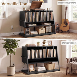 Turntable Stand with Charging Station and Vinyl Storage Shelves-Black