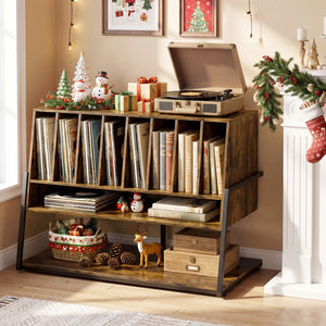 Turntable Stand with Charging Station and Vinyl Storage Shelves-Rustic Brown