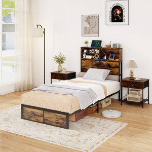 Twin/Full/Queen/King Size Bed Frame with Storage Headboard Industrial Metal Platform Bed-Twin Size