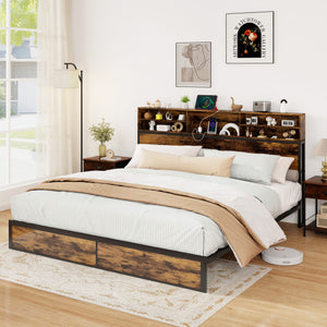 Twin/Full/Queen/King Size Bed Frame with Storage Headboard Industrial Metal Platform Bed-King Size