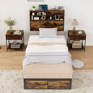 Twin/Full/Queen/King Size Bed Frame with Storage Headboard Industrial Metal Platform Bed-Twin Size