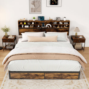 Twin/Full/Queen/King Size Bed Frame with Storage Headboard Industrial Metal Platform Bed-King Size