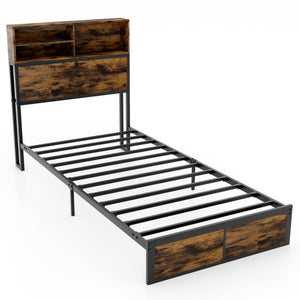 Twin/Full/Queen/King Size Bed Frame with Storage Headboard Industrial Metal Platform Bed-Twin Size