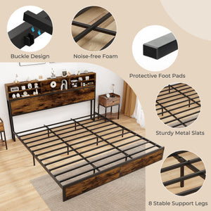 Twin/Full/Queen/King Size Bed Frame with Storage Headboard Industrial Metal Platform Bed-King Size