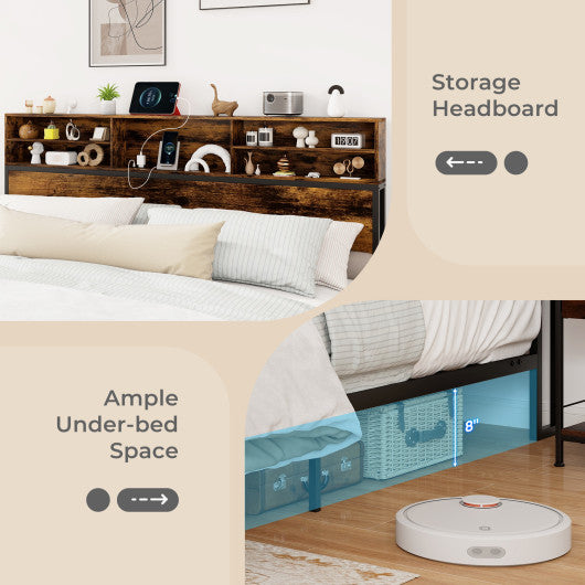 Twin/Full/Queen/King Size Bed Frame with Storage Headboard Industrial Metal Platform Bed-King Size