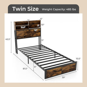 Twin/Full/Queen/King Size Bed Frame with Storage Headboard Industrial Metal Platform Bed-Twin Size