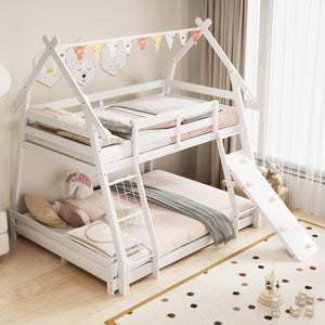Twin Over Queen Bunk Bed Wooden Kids Bed with Climbing Nets and Ramp-White