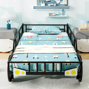 Twin-Size Kids Metal Bed Frame Car-Shaped with Safety Guardrails-Twin Size