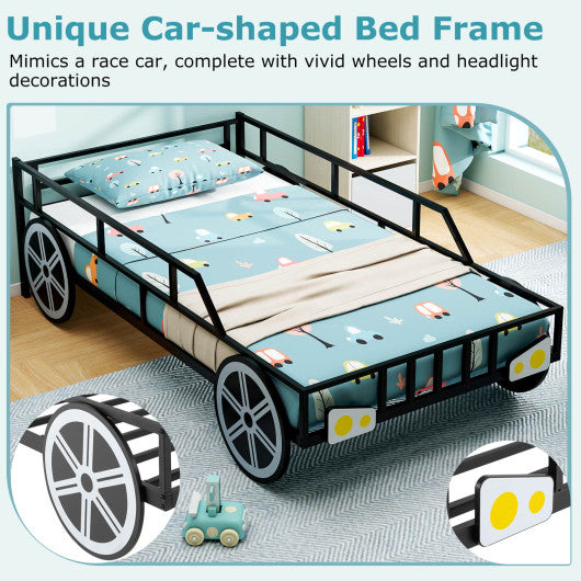 Twin-Size Kids Metal Bed Frame Car-Shaped with Safety Guardrails-Twin Size